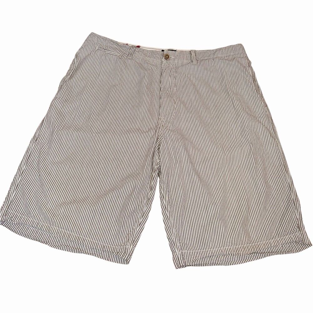 American Eagle Shorts Mens 38x11 Khaki Brown White Seersucker Ticking Stripe Y2k